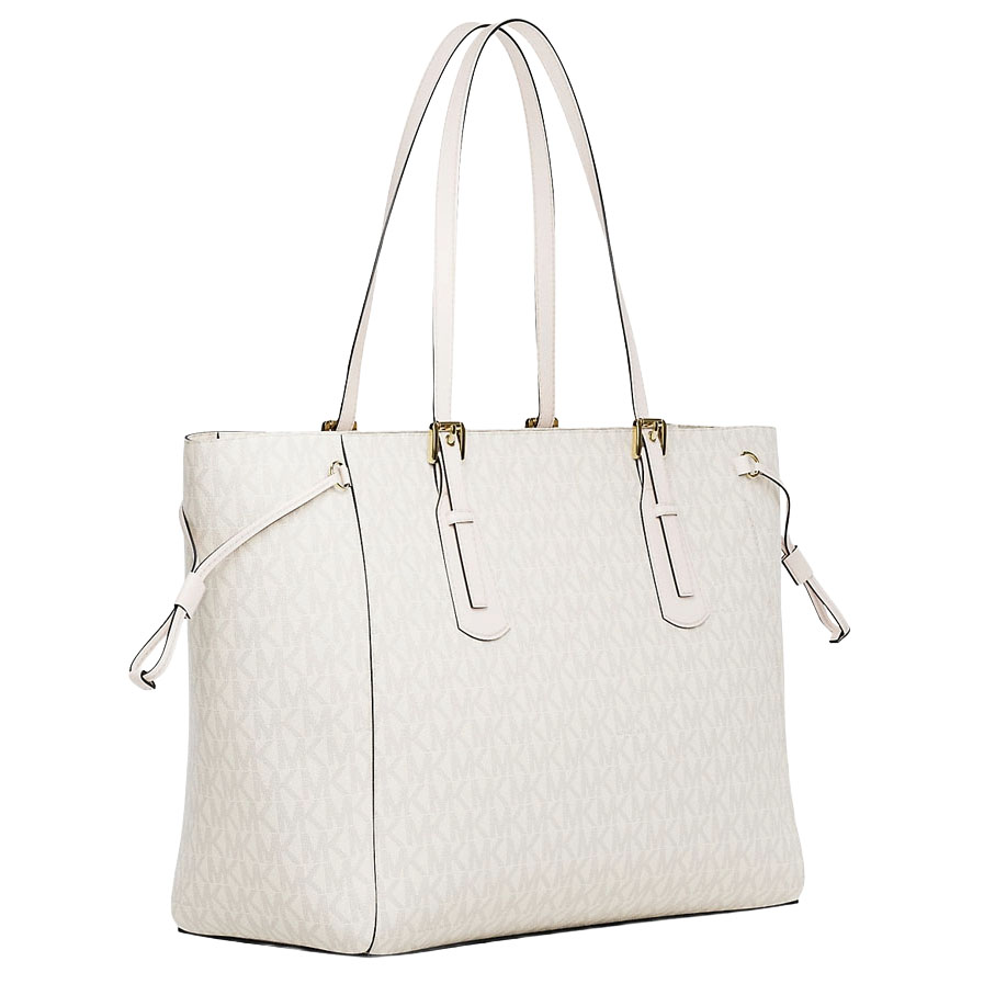 Michael Kors Voyager Large Signature Logo Top-Zip Tote Bag Light Cream Multi White # 35R6GV6T7B