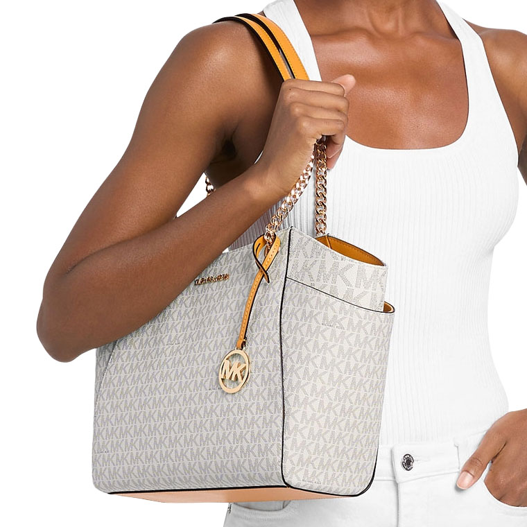 Michael Kors Jet Set Travel Large Chain Shoulder Tote Radish Orange Multi White # 35S4GTVT3B