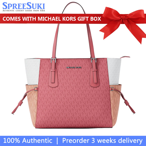 Michael Kors Voyager Large Color-Block Signature Logo Tote Bag Hibiscus Pink # 35S5SV6T7B