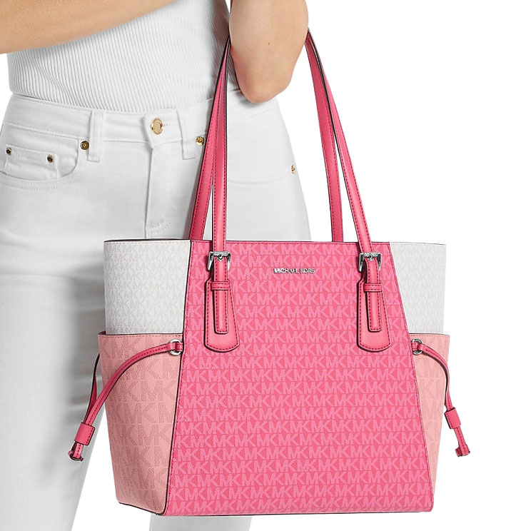 Michael Kors Voyager Large Color-Block Signature Logo Tote Bag Hibiscus Pink # 35S5SV6T7B