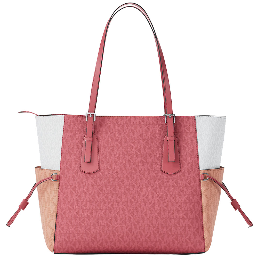 Michael Kors Voyager Large Color-Block Signature Logo Tote Bag Hibiscus Pink # 35S5SV6T7B