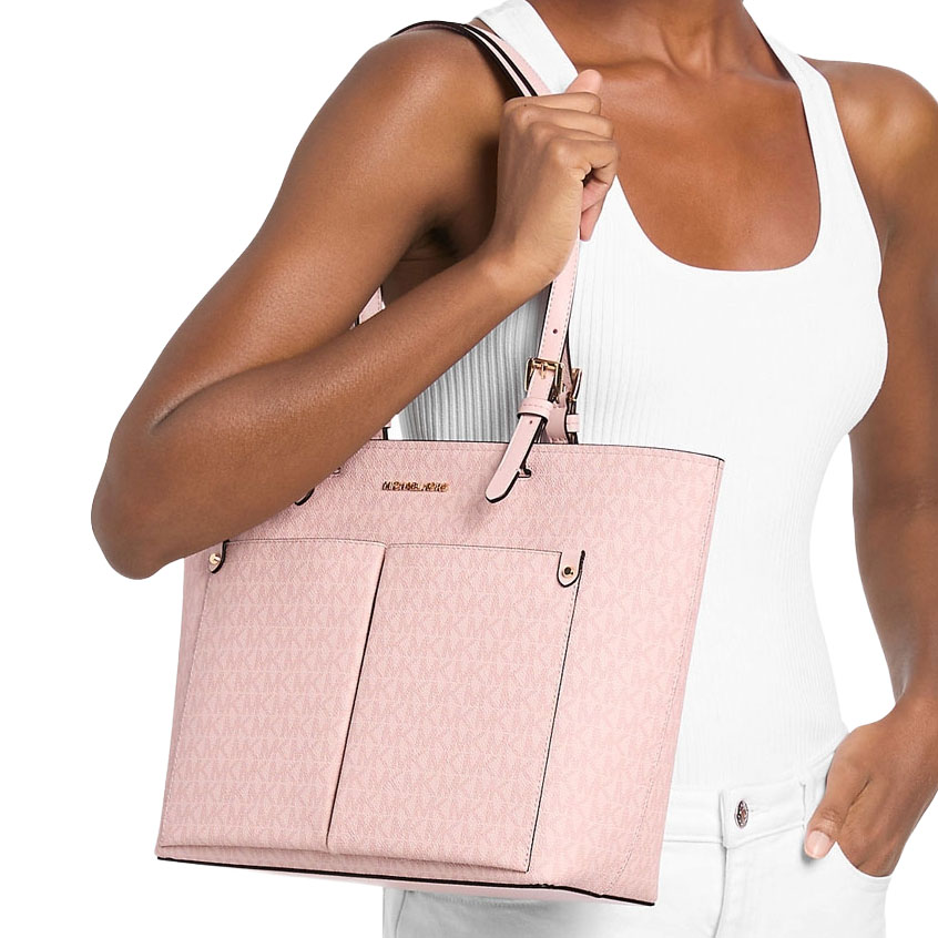 Michael Kors Jet Set Medium Signature Logo Pocket Tote Bag Powder Blush Blush Pink # 35S6GTVT8B