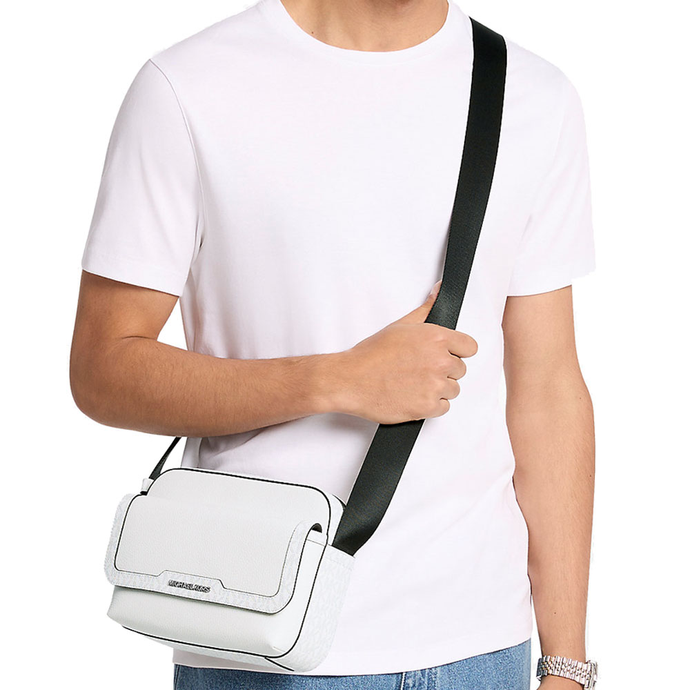 Michael Kors Cooper Medium Pebbled Leather And Signature Logo Camera Crossbody Bag Bright White # 37R6LCOM1L