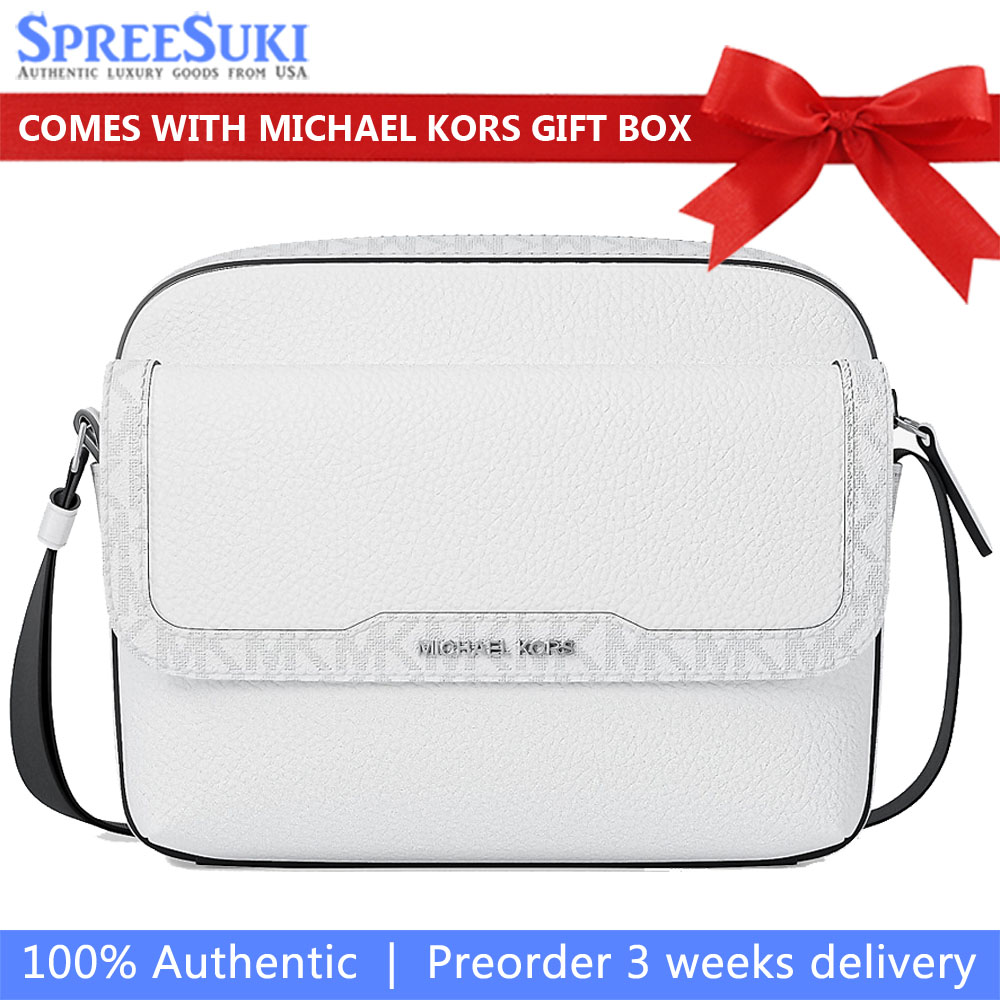 Michael Kors Cooper Medium Pebbled Leather And Signature Logo Camera Crossbody Bag Bright White # 37R6LCOM1L