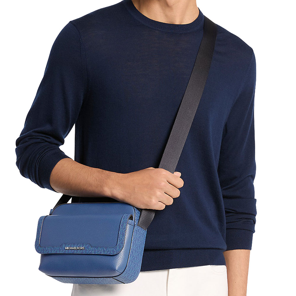 Michael Kors Cooper Medium Pebbled Leather And Signature Logo Camera Crossbody Bag Galaxy Blue # 37R6LCOM1L