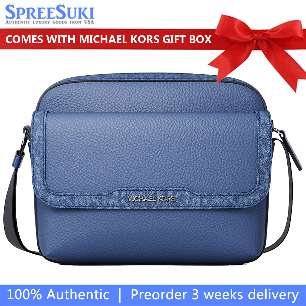 Michael Kors Cooper Medium Pebbled Leather And Signature Logo Camera Crossbody Bag Galaxy Blue # 37R6LCOM1L