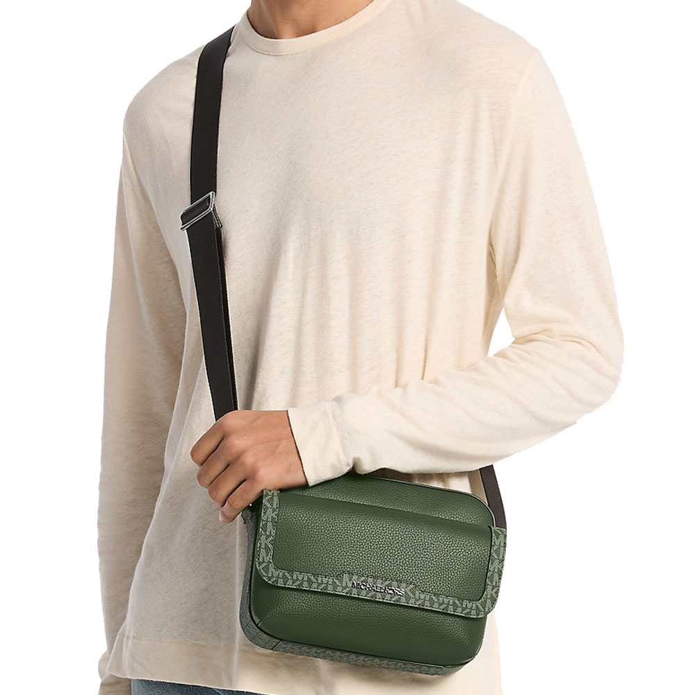 Michael Kors Cooper Medium Pebbled Leather And Signature Logo Camera Crossbody Bag Moss Dark Green # 37R6LCOM1L