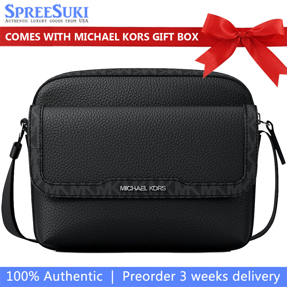 Michael Kors Cooper Medium Pebbled Leather And Signature Logo Camera Crossbody Bag Black # 37R6LCOM1L