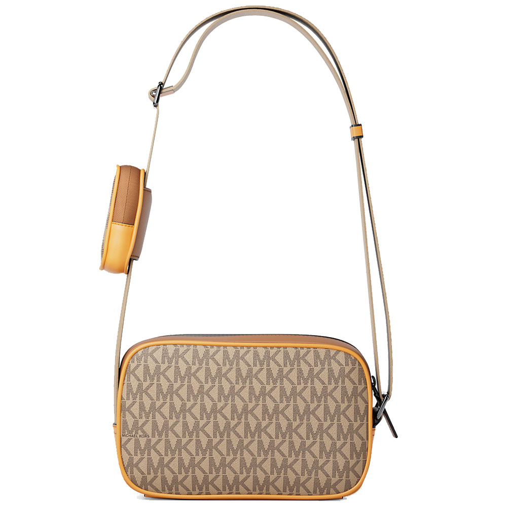 Michael Kors Cooper Small Signature Logo Camera Crossbody Bag With Pouch Camel Multi Brown # 37S6LCOC0B