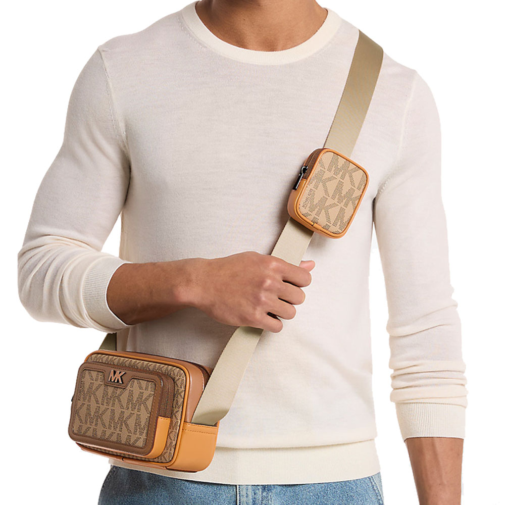 Michael Kors Cooper Small Signature Logo Camera Crossbody Bag With Pouch Camel Multi Brown # 37S6LCOC0B