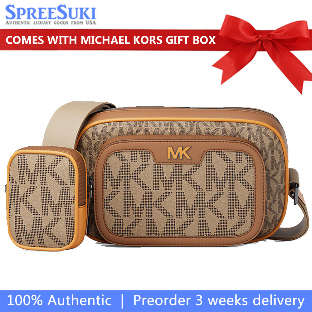 Michael Kors Cooper Small Signature Logo Camera Crossbody Bag With Pouch Camel Multi Brown # 37S6LCOC0B
