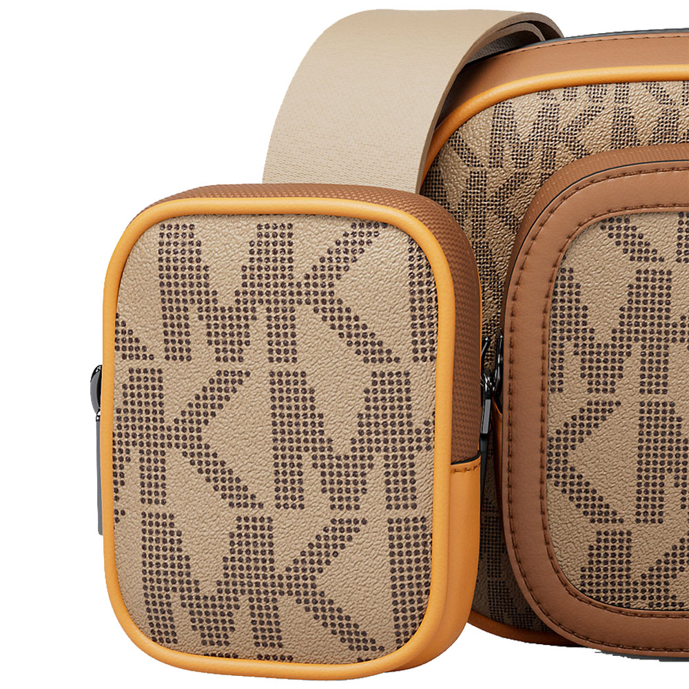 Michael Kors Cooper Small Signature Logo Camera Crossbody Bag With Pouch Camel Multi Brown # 37S6LCOC0B