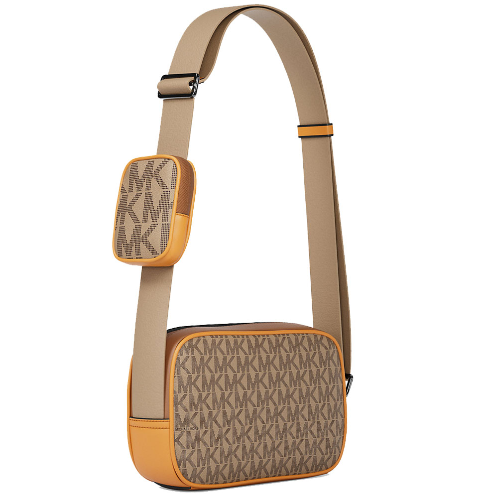Michael Kors Cooper Small Signature Logo Camera Crossbody Bag With Pouch Camel Multi Brown # 37S6LCOC0B