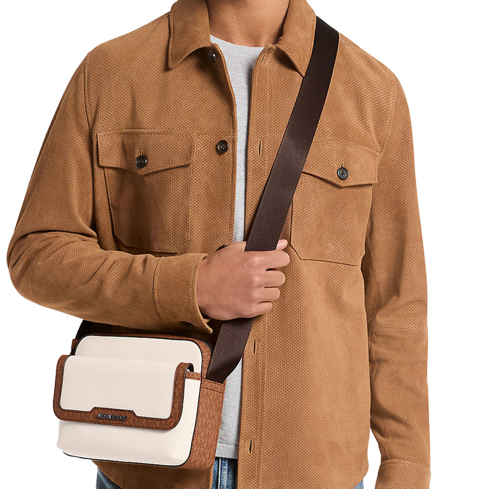 Michael Kors Cooper Medium Pebbled Leather And Signature Logo Camera Crossbody Bag Light Cream Luggage # 37R6LCOM1L