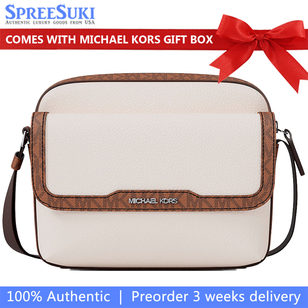 Michael Kors Cooper Medium Pebbled Leather And Signature Logo Camera Crossbody Bag Light Cream Luggage # 37R6LCOM1L