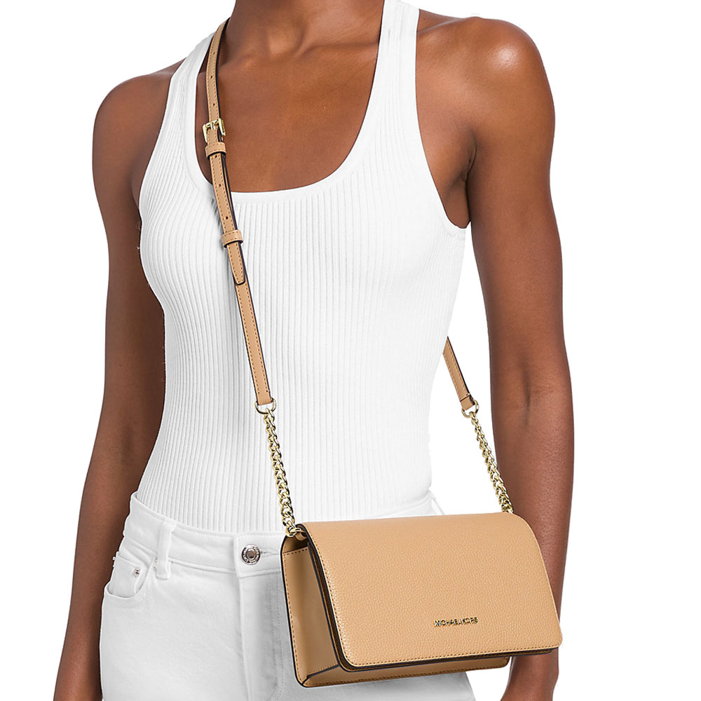 Michael Kors Jet Set Travenuel Medium Pebbled Leather Crossbody Bag Camel Light Brown # 35F5GTVC2L