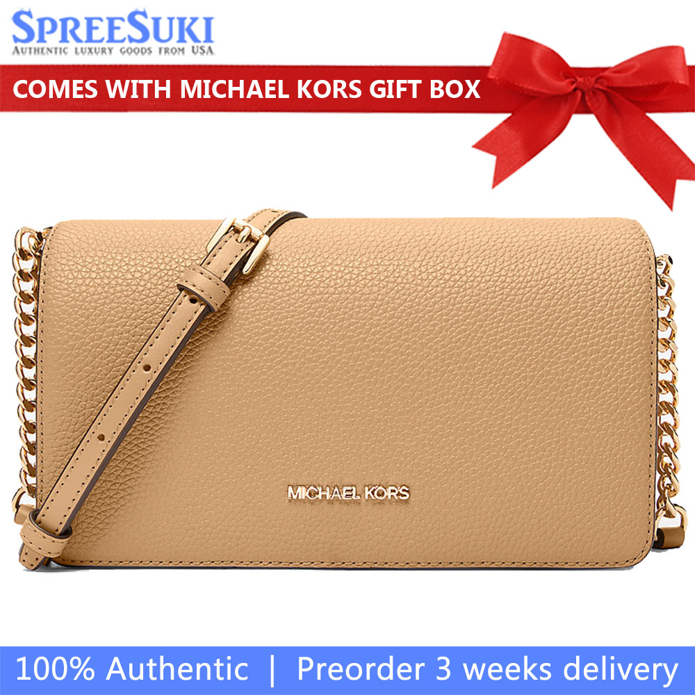 Michael Kors Jet Set Travenuel Medium Pebbled Leather Crossbody Bag Camel Light Brown # 35F5GTVC2L