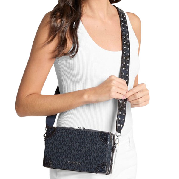 Michael Kors Jeanie Small Signature Logo And Snake Embossed Crossbody Bag Navy # 35S6S0JC1B