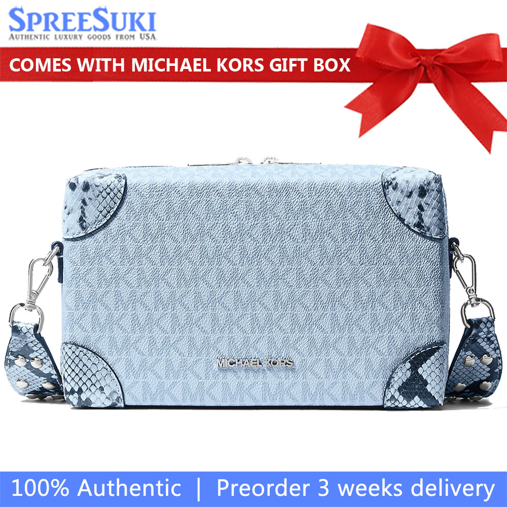 Michael Kors Jeanie Small Signature Logo And Snake Embossed Crossbody Bag Pale Ocean Light blue # 35S6S0JC1B