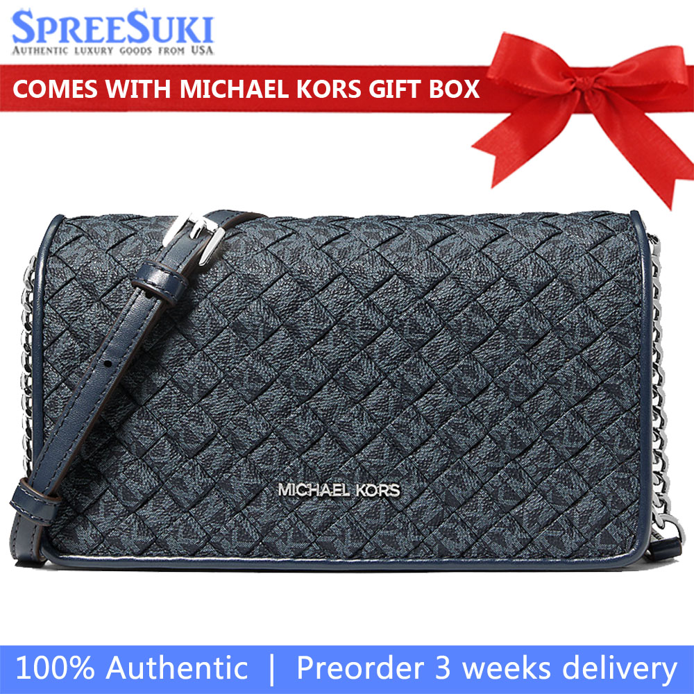 Michael Kors Jet Set Travenuel Woven Signature Logo Crossbody Bag Admiral Dark blue # 35S6STVC8B