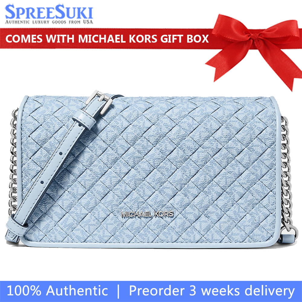 Michael Kors Jet Set Travenuel Woven Signature Logo Crossbody Bag Pale Ocean Light blue # 35S6STVC8B