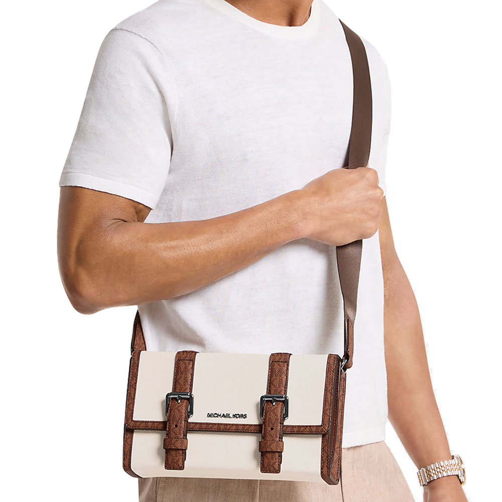 Michael Kors Cooper Pebbled Leather And Signature Logo Trunk Crossbody Bag Light Cream Luggage # 37S6LCOM1O