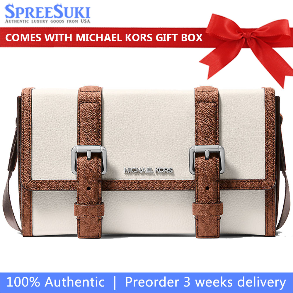 Michael Kors Cooper Pebbled Leather And Signature Logo Trunk Crossbody Bag Light Cream Luggage # 37S6LCOM1O