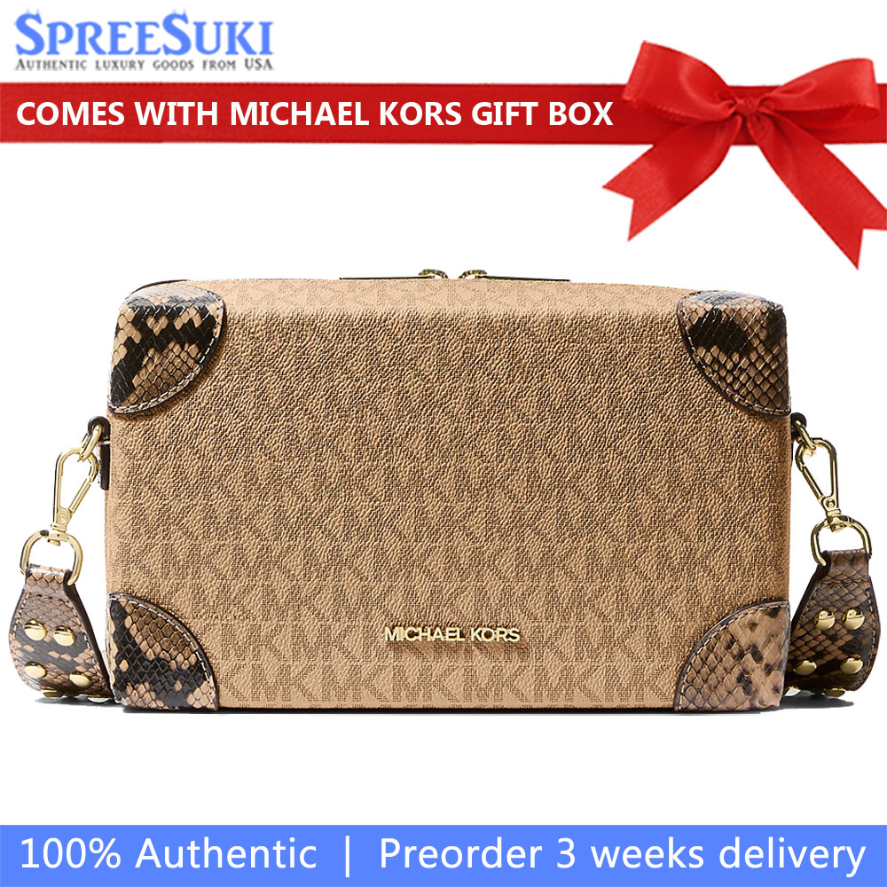 Michael Kors Jeanie Small Signature Logo And Snake Embossed Crossbody Bag Camel Brown # 35S6G0JC1B