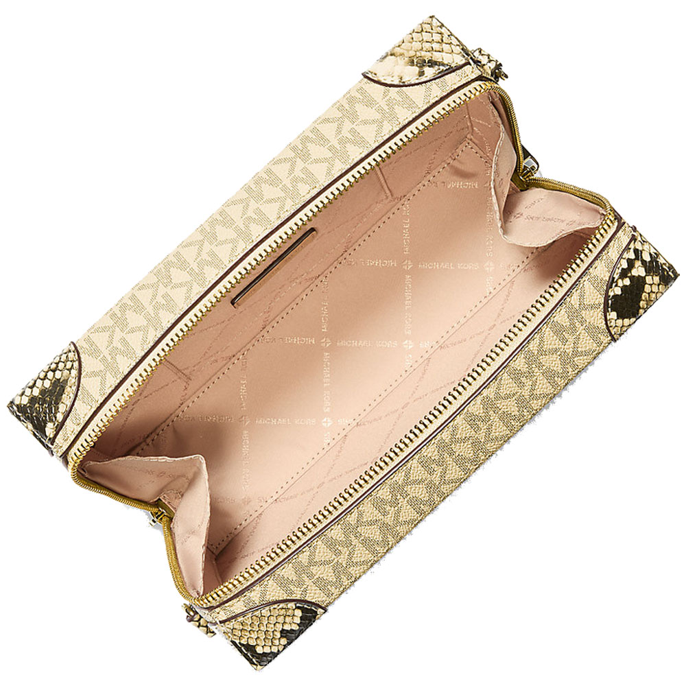 Michael Kors Jeanie Small Metallic Signature Logo And Snake Embossed Trunk Crossbody Bag Pale Gold # 35S6G0JC1M