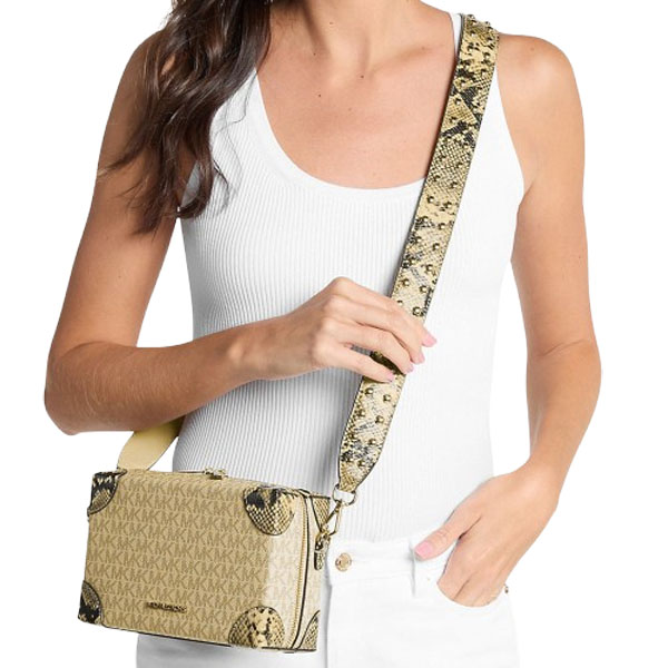 Michael Kors Jeanie Small Metallic Signature Logo And Snake Embossed Trunk Crossbody Bag Pale Gold # 35S6G0JC1M