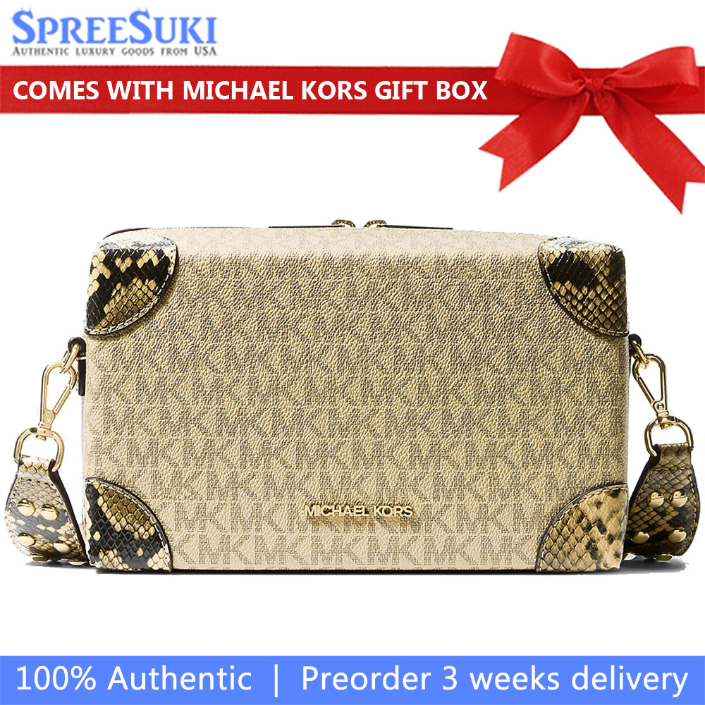Michael Kors Jeanie Small Metallic Signature Logo And Snake Embossed Trunk Crossbody Bag Pale Gold # 35S6G0JC1M