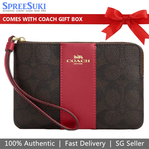 Coach Small Wristlet Corner Zip Wristlet In Signature Canvas With Stripe Walnut True Red Brown # CW854