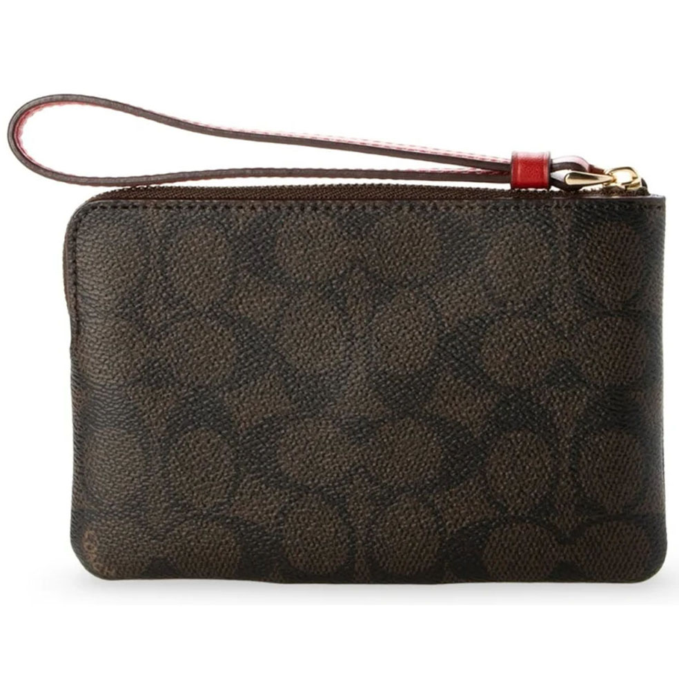 Coach Small Wristlet Corner Zip Wristlet In Signature Canvas With Stripe Walnut True Red Brown # CW854