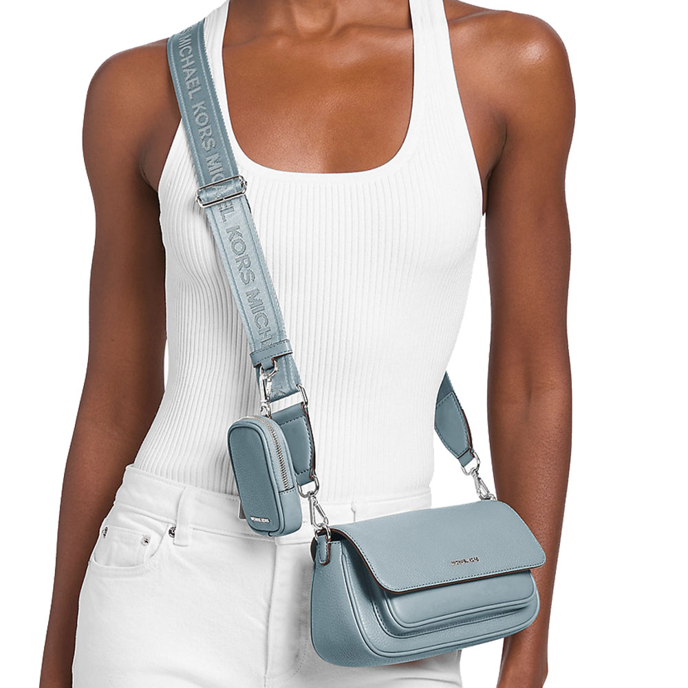 Michael Kors Jet Set Travenuel Small Pebbled Leather Crossbody Bag With Pouch Pale Ocean Light blue # 35S6STVC0L