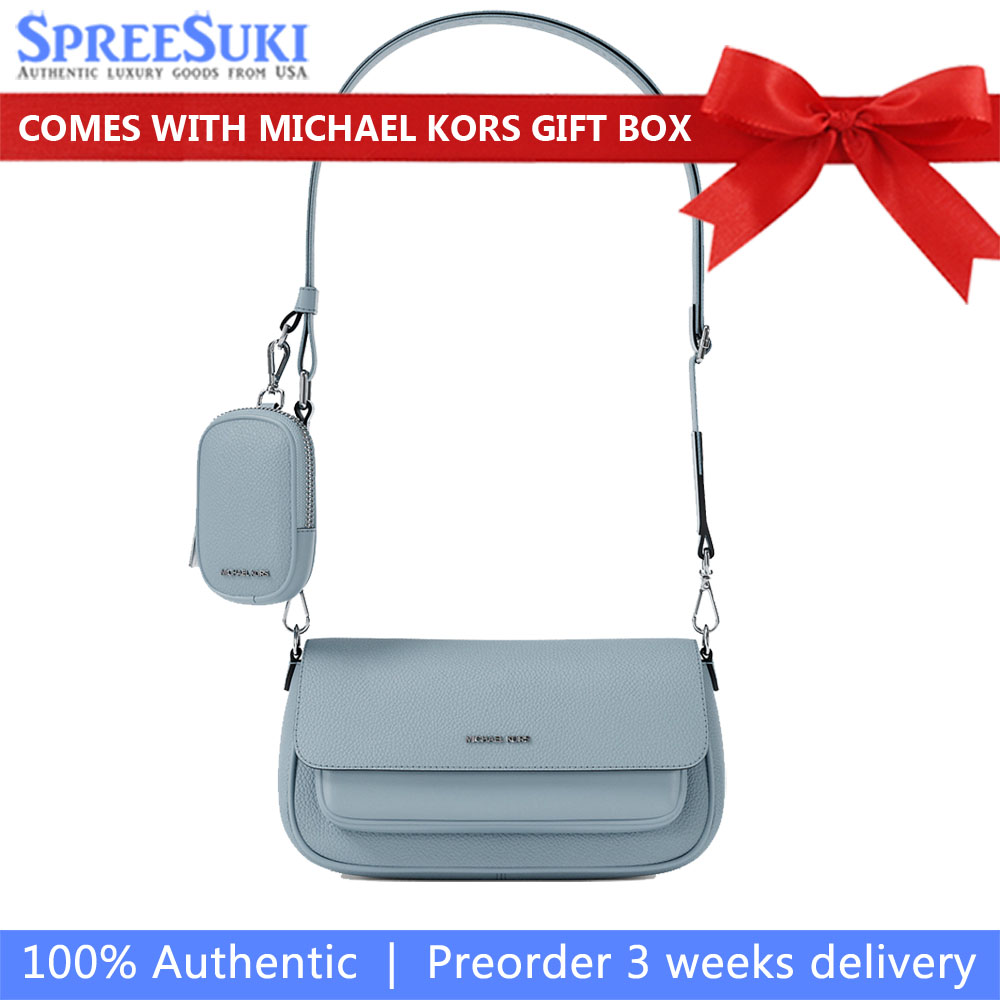 Michael Kors Jet Set Travenuel Small Pebbled Leather Crossbody Bag With Pouch Pale Ocean Light blue # 35S6STVC0L