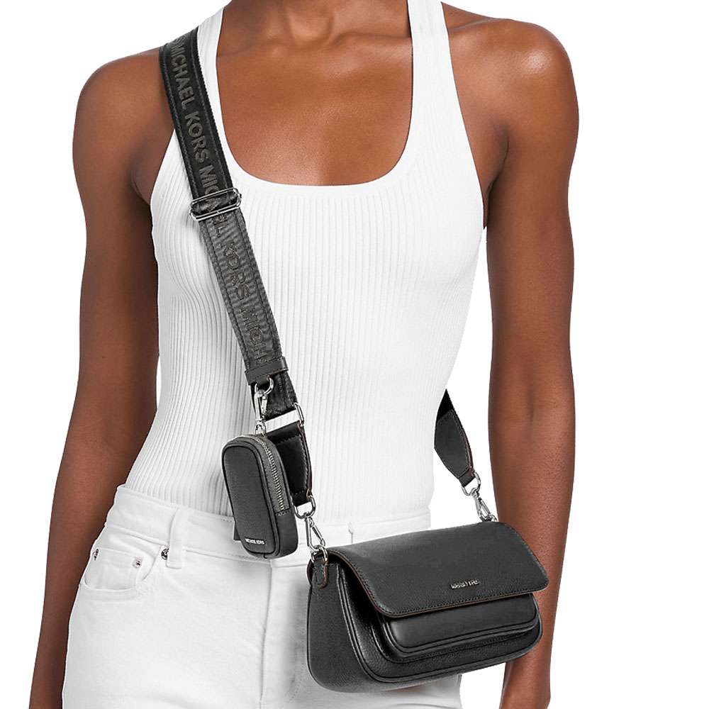 Michael Kors Jet Set Travenuel Small Pebbled Leather Crossbody Bag With Pouch Black # 35S6STVC0L