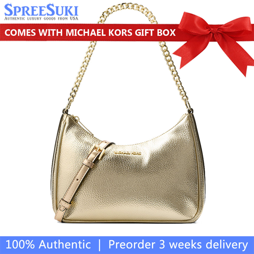 Michael Kors Jet Set Travenuel Large Metallic Convertible Crossbody Bag Pale Gold # 35S6GTVC3M