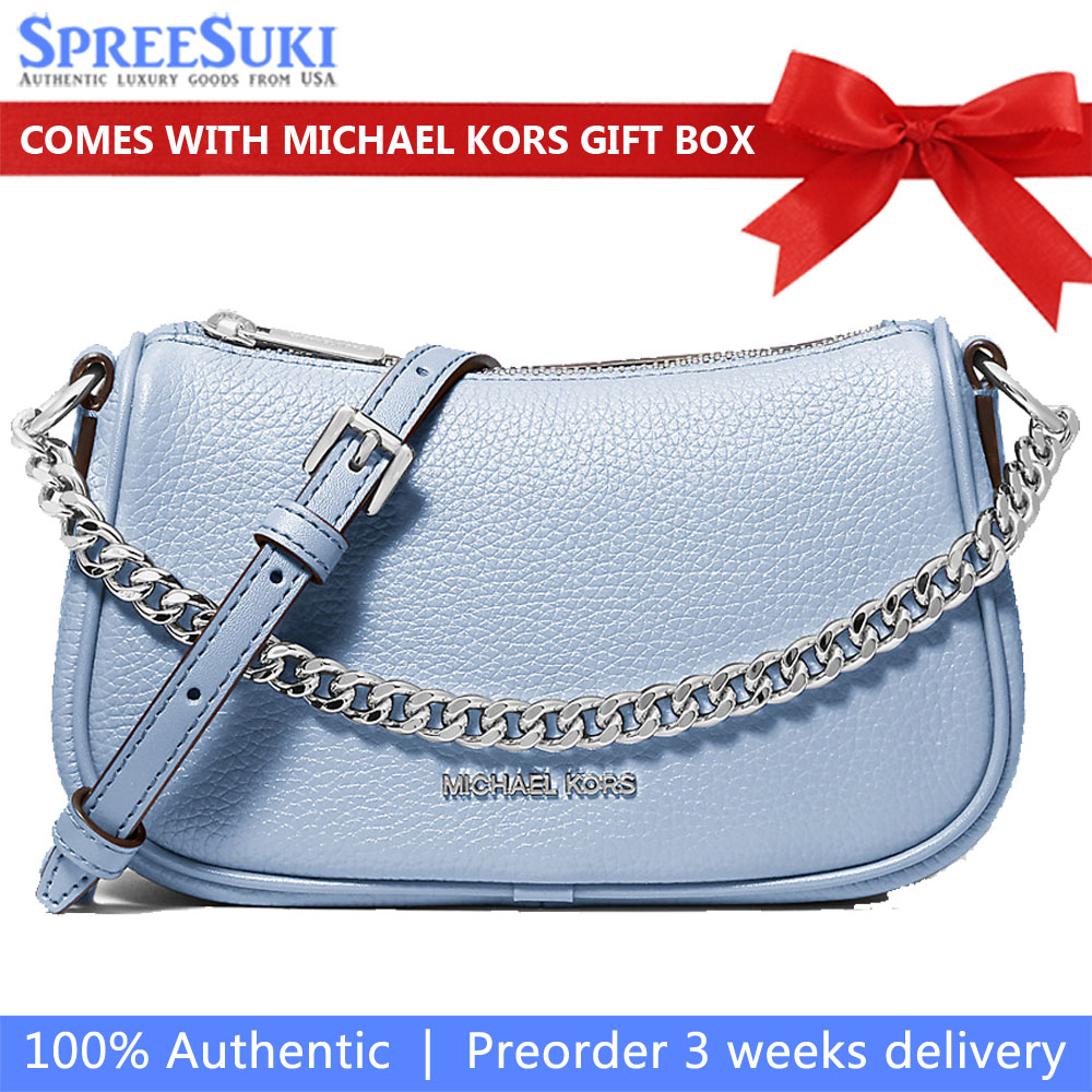 Michael Kors Carmela Small Pebbled Leather Crossbody Bag Pale Ocean Light blue # 35F4S1QC1L