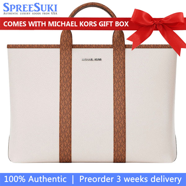 Michael Kors Cooper Medium Pebbled Leather And Signature Logo Tote Bag Light Cream Luggage # 37S6LCOT7L