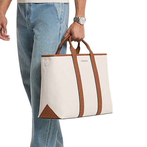 Michael Kors Cooper Medium Pebbled Leather And Signature Logo Tote Bag Light Cream Luggage # 37S6LCOT7L