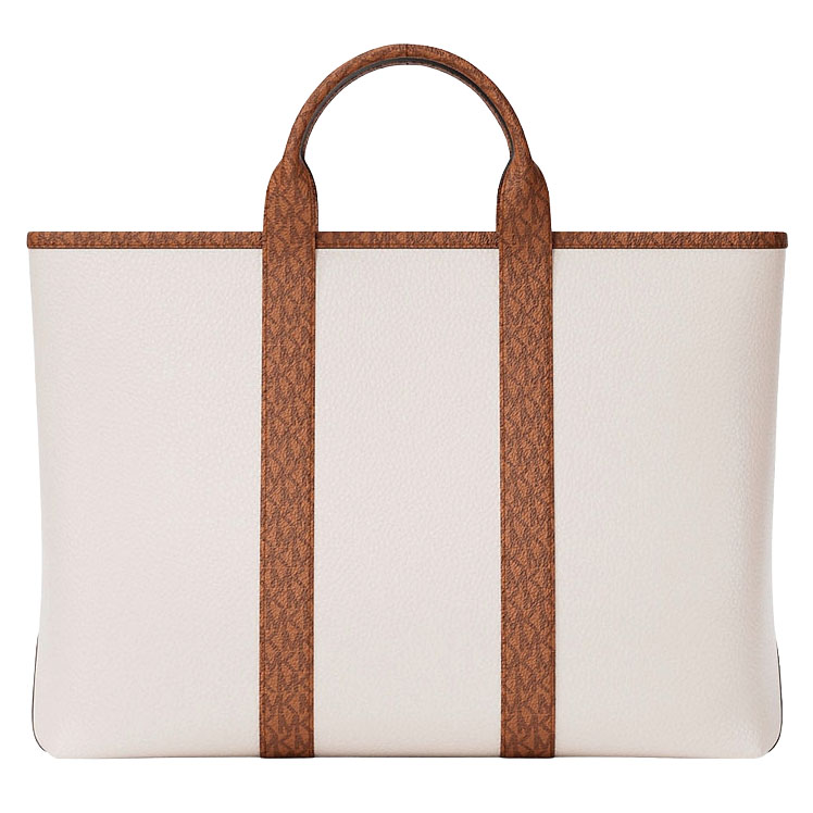 Michael Kors Cooper Medium Pebbled Leather And Signature Logo Tote Bag Light Cream Luggage # 37S6LCOT7L
