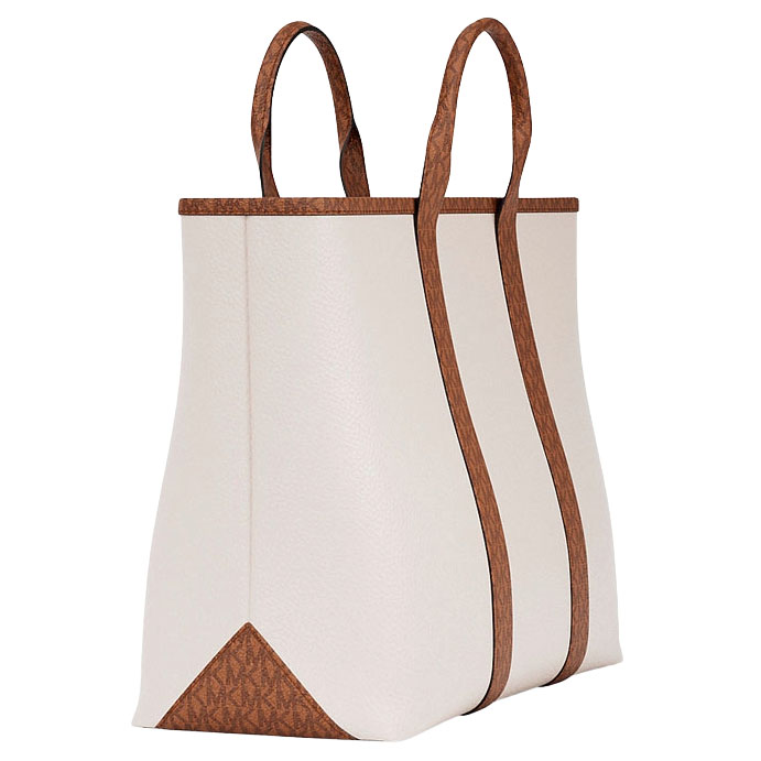 Michael Kors Cooper Medium Pebbled Leather And Signature Logo Tote Bag Light Cream Luggage # 37S6LCOT7L