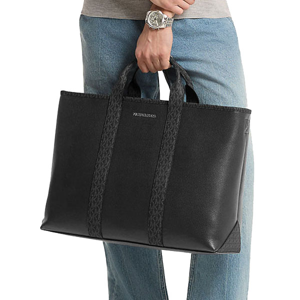 Michael Kors Cooper Medium Pebbled Leather And Signature Logo Tote Bag Black # 37S6LCOT7L