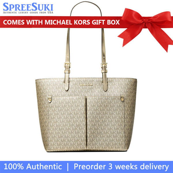 Michael Kors Jet Set Medium Metallic Signature Logo Pocket Tote Bag Pale Gold # 35S6GTVT8M