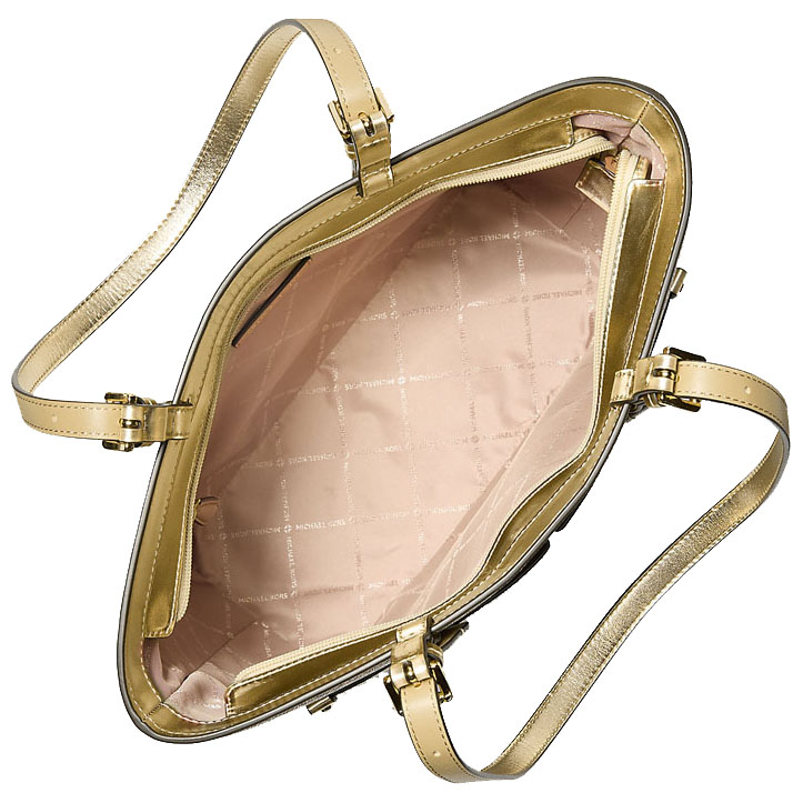 Michael Kors Jet Set Medium Metallic Signature Logo Pocket Tote Bag Pale Gold # 35S6GTVT8M