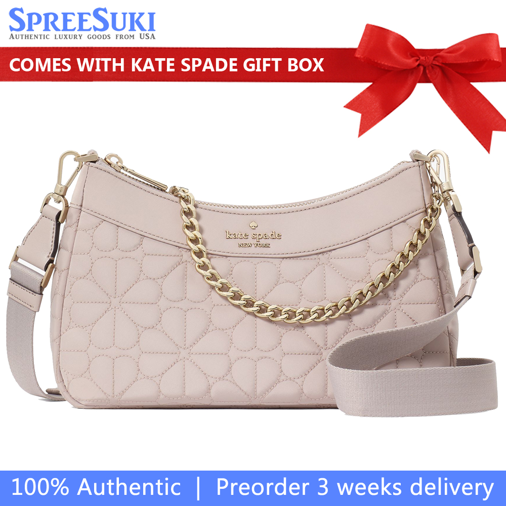 Kate Spade Crossbody Sling Bag Spade Flower Quilted Fabric Convertible Crossbody Cozy Grey Light Brown # KK077