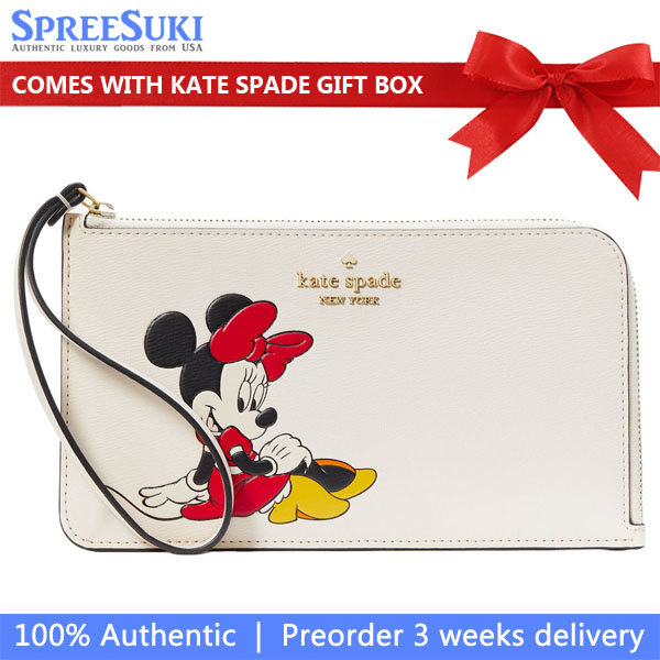 Kate Spade Disney X Kate Spade New York Minnie Medium L-Zip Wristlet Parchment Multi Off White # KG659