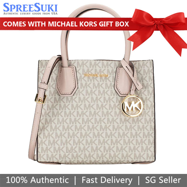 Michael Kors Sling Bag Mercer Medium Logo And Leather Accordion Crossbody Bag Powder Blush Pink White # 35S1GM9M2B