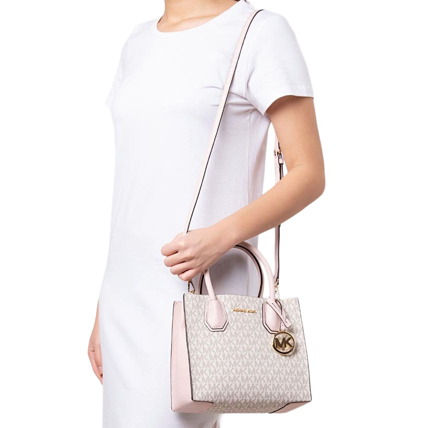 Michael Kors Sling Bag Mercer Medium Logo And Leather Accordion Crossbody Bag Powder Blush Pink White # 35S1GM9M2B