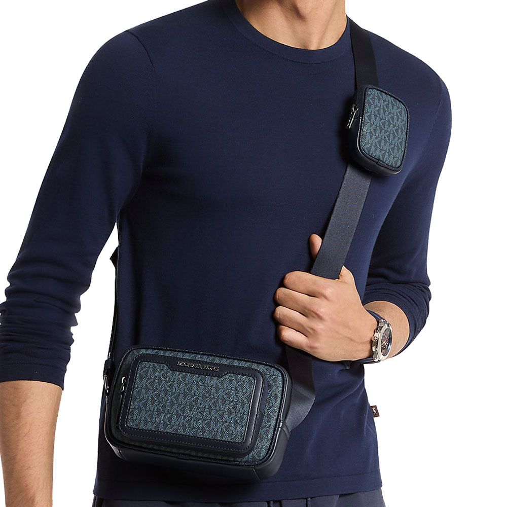 Michael Kors Cooper Signature Logo Camera Crossbody Bag With Pouch Admiral Pale Blue Dark blue # 37T5LCOM1B